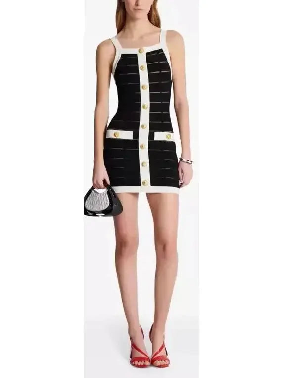 Black and White Sheer Panel Buttoned Tank Mini Dress Casual V-Neck Mini Dress