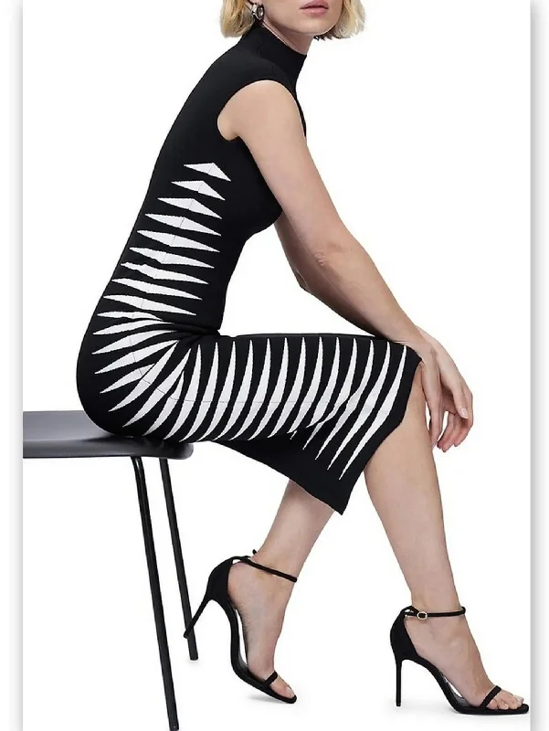 Black and White Side-Stripe Mock-Neck Midi Dress Comfortable Lace-Up Midi Dress