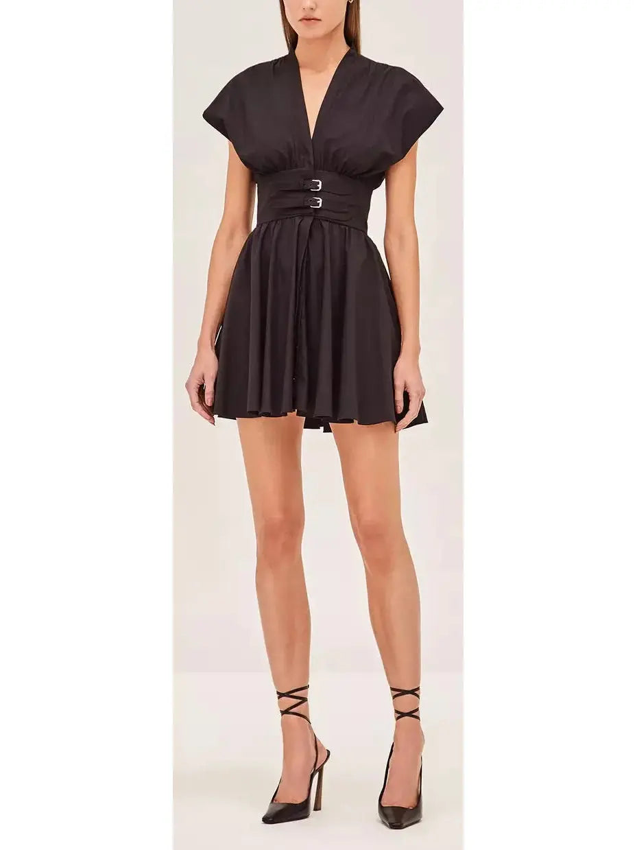 Black Concealed Button-Down V-Neck Double-Belted Mini Dress Cozy Long Sleeve Mini Dress