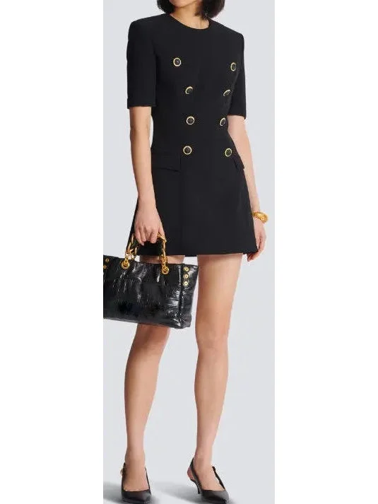 Black Crepe Eight-Button Mini Dress Comfortable Fit-and-Flare Mini Dress