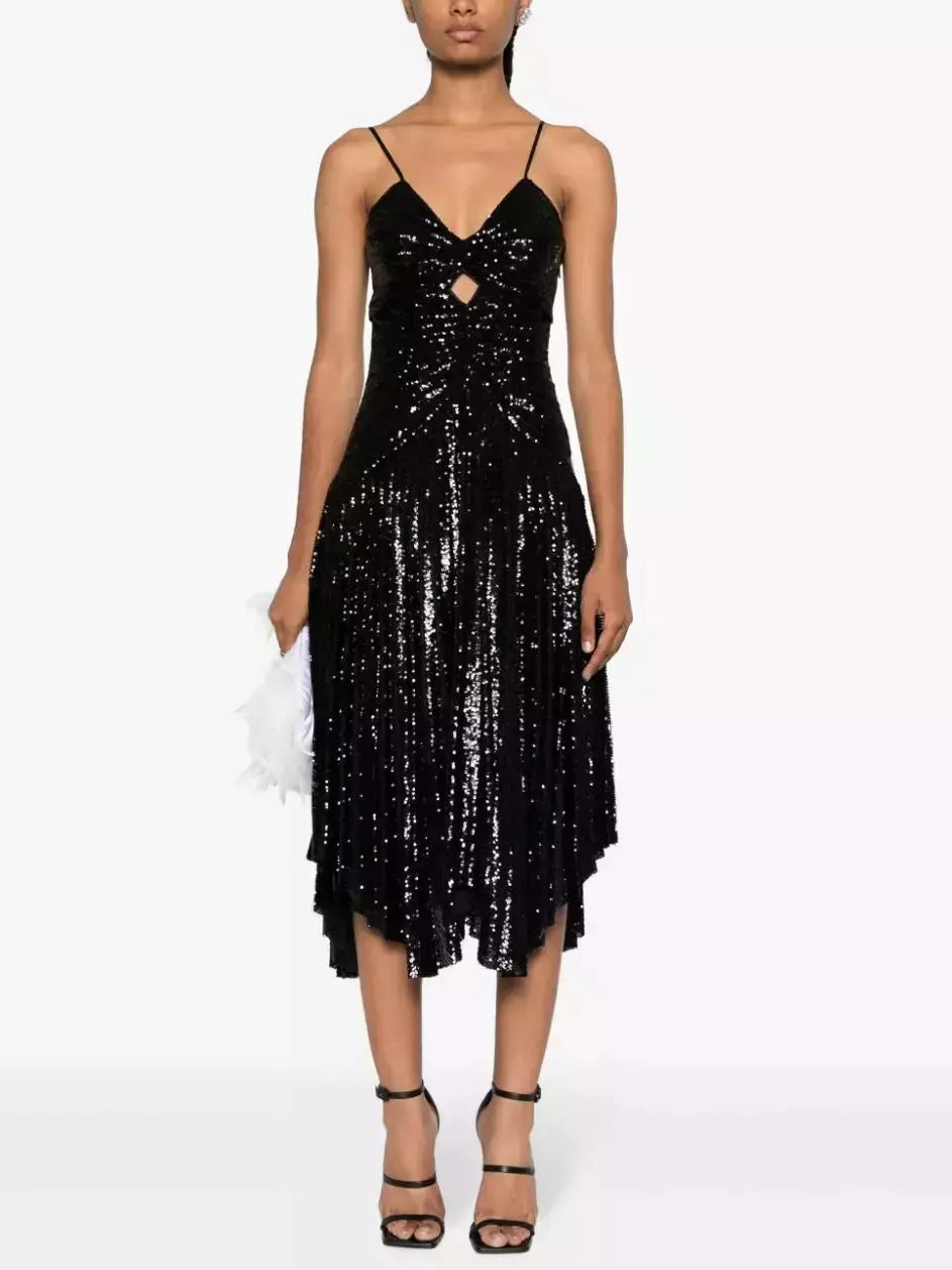 Black Sequin-Embellished Gathered Pleated Midi Dress Trendy Flared Sleeve Midi Dress