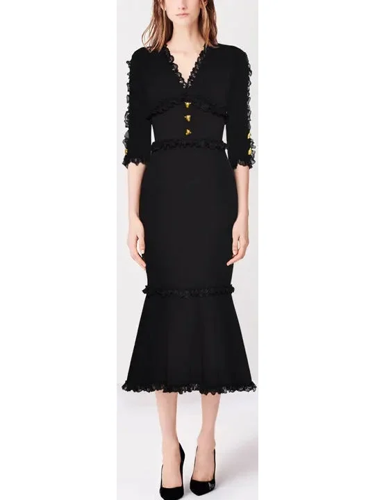 Black Short-Sleeve Midi Dress Trendy Smocked Waist Midi Dress