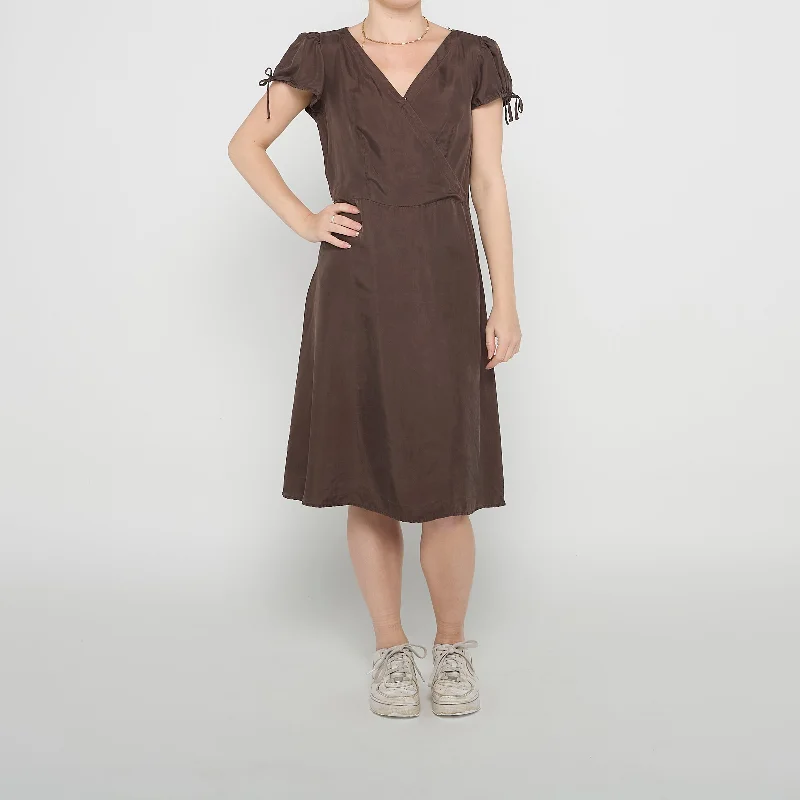 Blunauta V Neck Tie Bow Sleeve Midi Dress - UK 12 Comfortable Short Sleeve Midi Dress