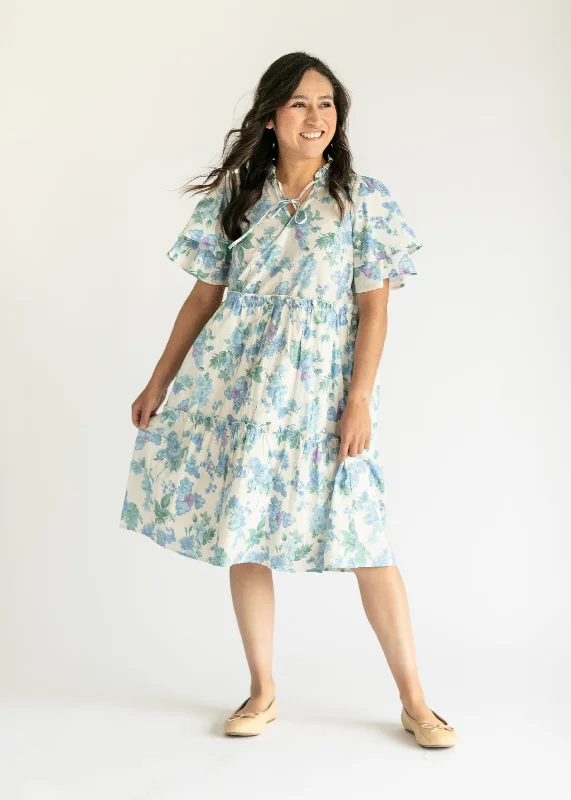 Blue Floral Ruffle Midi Dress - FINAL SALE Chic Floral Print Midi Dress