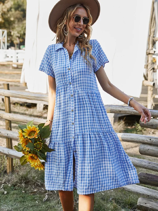 Blue Zone Planet |  Button Up Plaid Short Sleeve Midi Dress Fashionable One-Shoulder Midi Dress