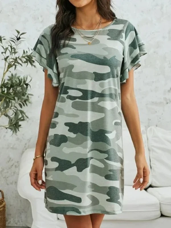 Blue Zone Planet |  Camouflage Round Neck Short Sleeve Mini Dress Chic Halter Mini Dress