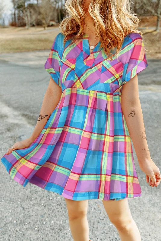 Blue Zone Planet |  Light Blue Multicolor Plaid Short Sleeve Babydoll Mini Dress Comfortable Wrap Mini Dress