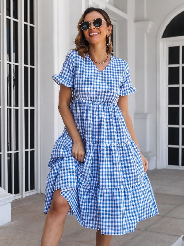 Blue Zone Planet |  Plaid V-Neck Short Sleeve Midi Dress Stylish Wraparound Midi Dress