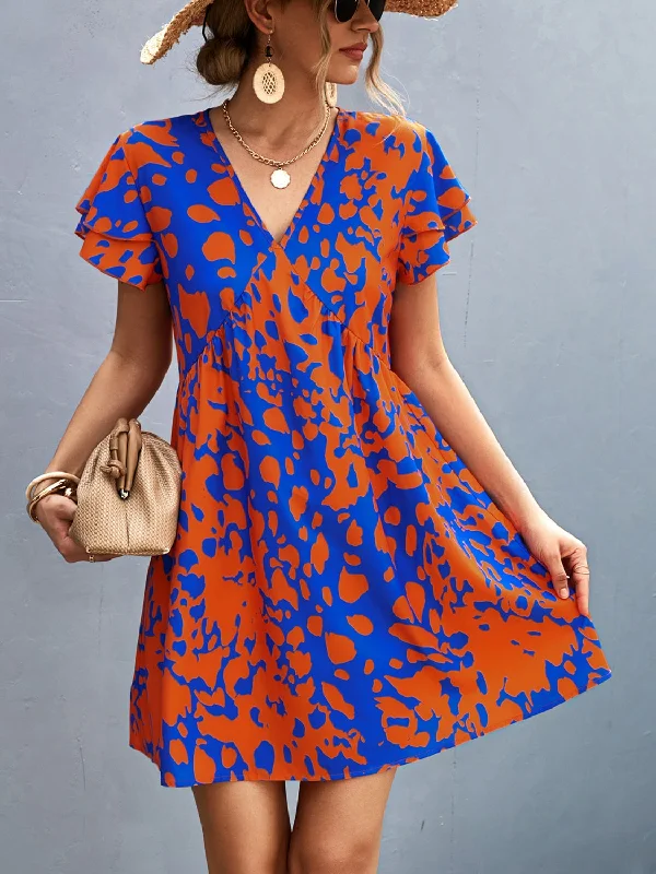 Blue Zone Planet |  Ruffled Printed V-Neck Short Sleeve Mini Dress Elegant Vintage Mini Dress