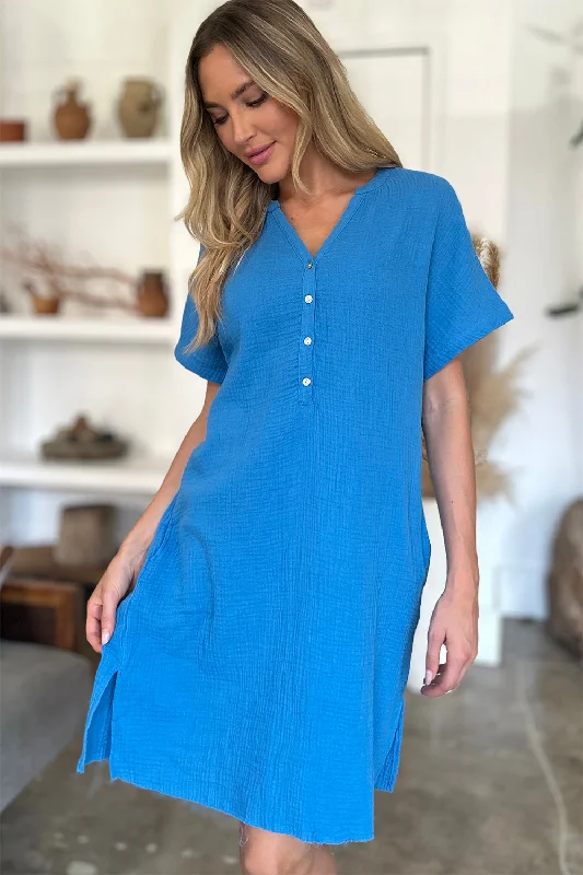 Blue Zone Planet |  Slit Notched Short Sleeve Mini Dress Stylish Short-Sleeve Mini Dress