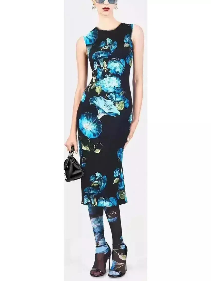 Bluebell Floral Print Silk Fitted Midi Dress Trendy Tiered Hem Midi Dress