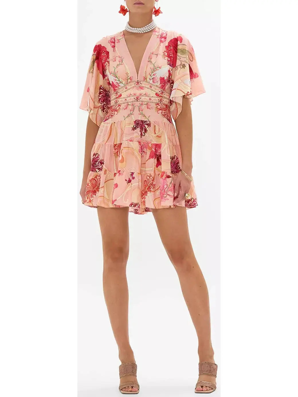 Blush Pink Floral-Printed Low-Cut Silk Mini Dress Trendy Tie-Dye Mini Dress