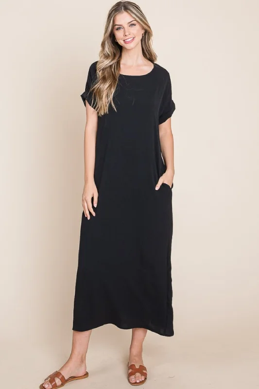 BOMBOM Round Neck Short Sleeve Midi Dress with Pockets Elegant Velvet Midi Dress