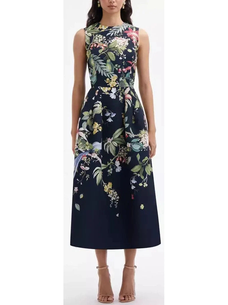 Botanical Garden Printed Sleeveless Midi Dress in Black and Multicolor Elegant Floral Midi Dress