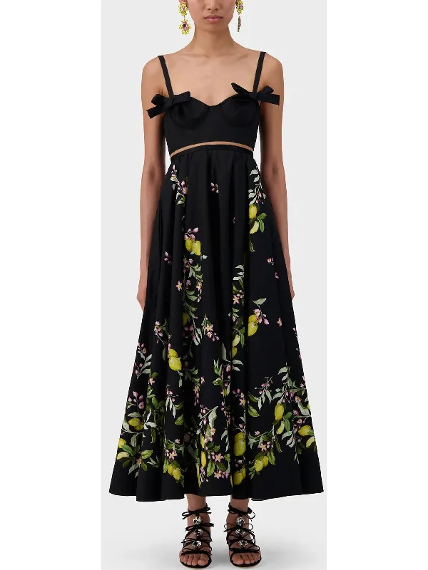 Bow-Detailed Printed Poplin Midi Dress in Black Classic Black Midi Dress