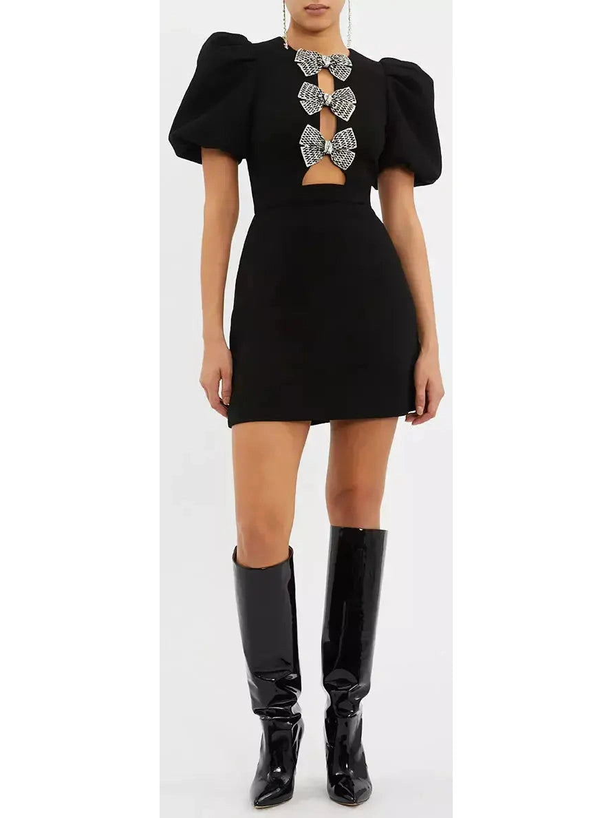 Bow-Embellished Black Mini Dress Casual Button-Up Mini Dress