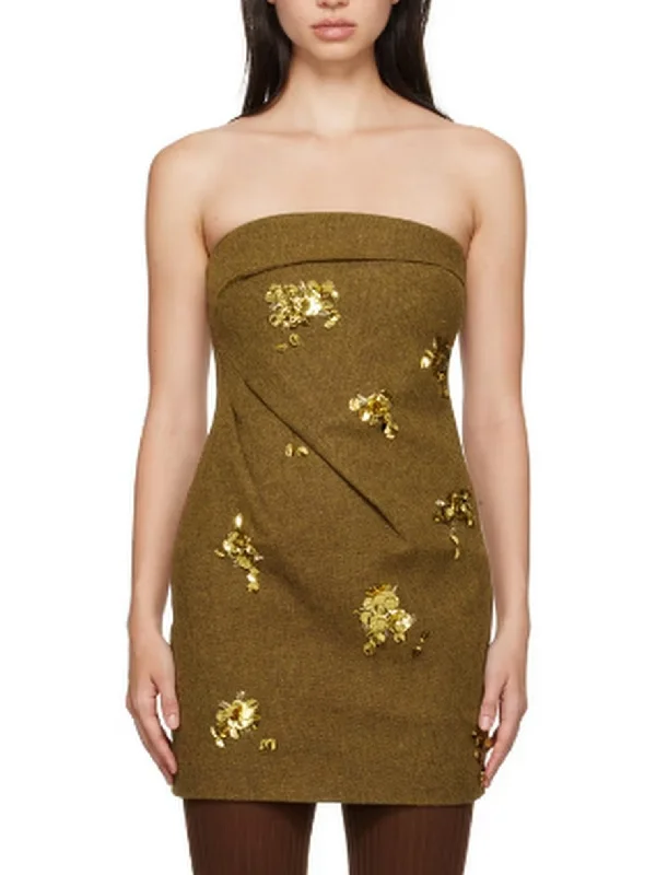 Bow Pintuck Strapless Mini Dress with Gold Sequin Appliques Comfortable Ruffle Mini Dress