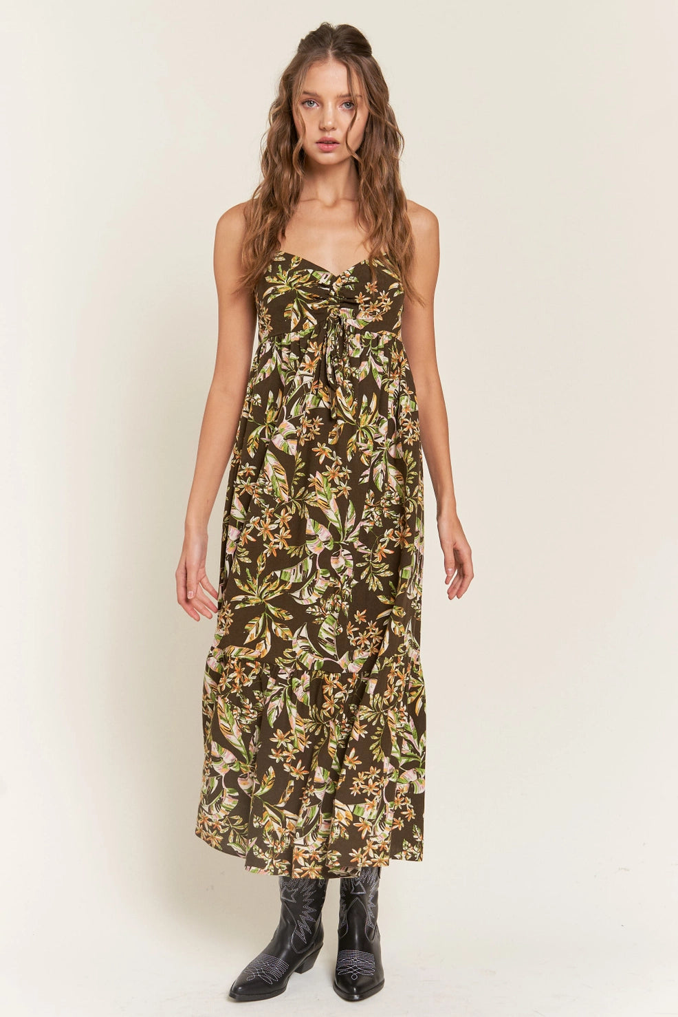 Brown Floral Midi Dress Elegant Satin Slip Midi Dress