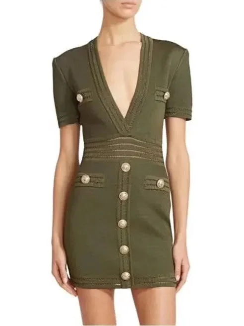 Button-Embellished V-Neck Mini Dress, Green Trendy A-Line Mini Dress