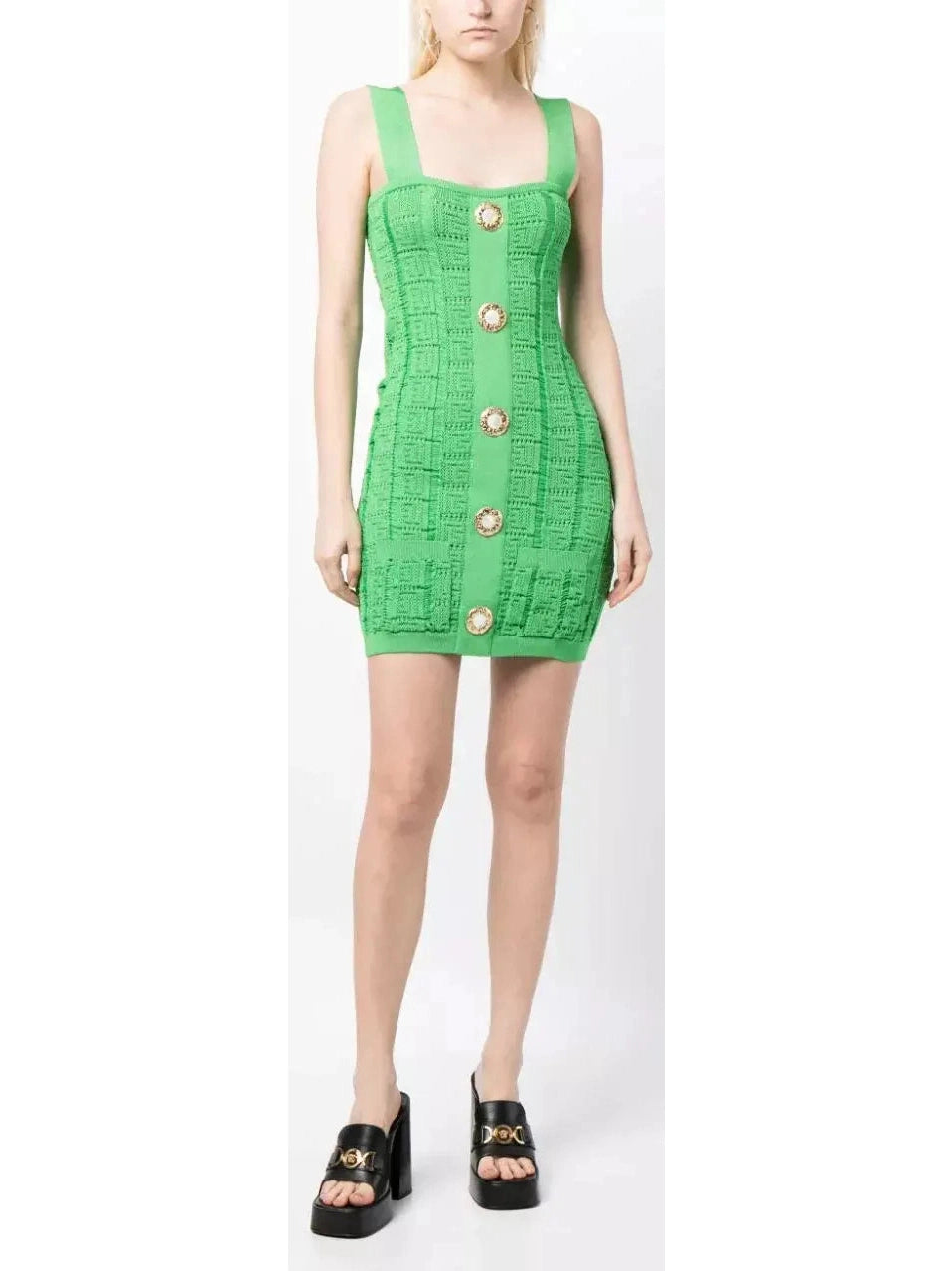 Buttoned Open-Knit Mini Dress, Green Stylish Summer Mini Dress