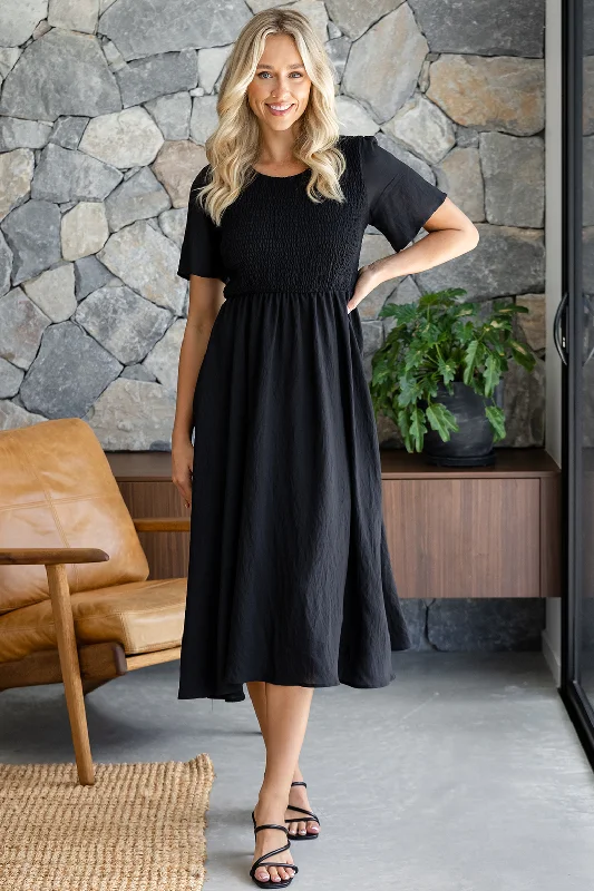 Candace Midi Dress Black Trendy Off-Shoulder Button Midi Dress