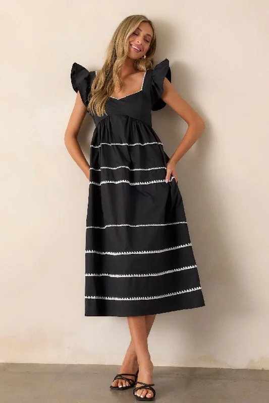 Can't Live Without Black Stripe Tiered Midi Dress Fashionable Floral Embroidery Midi Dress