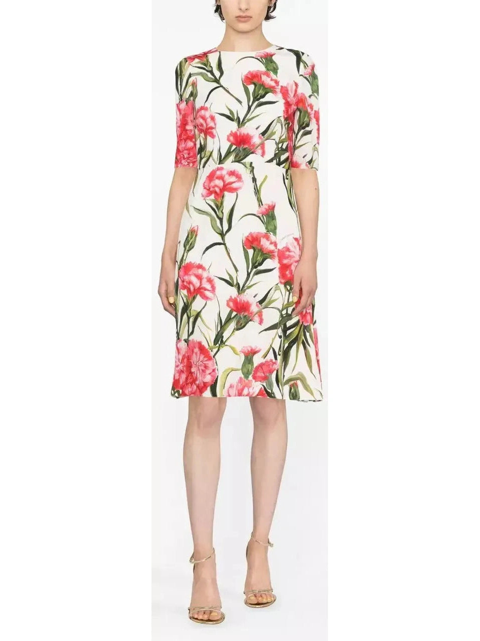 Carnation-Print Charmeuse Midi Dress Fashionable Skater Midi Dress