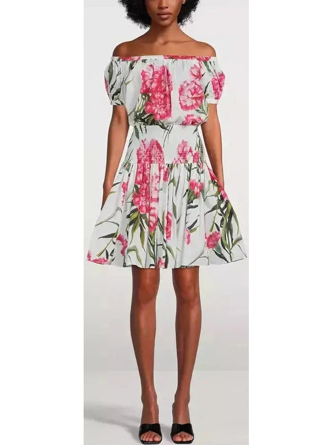 Carnation Print Off-The-Shoulder Mini Dress Trendy Mini Dress with Belt