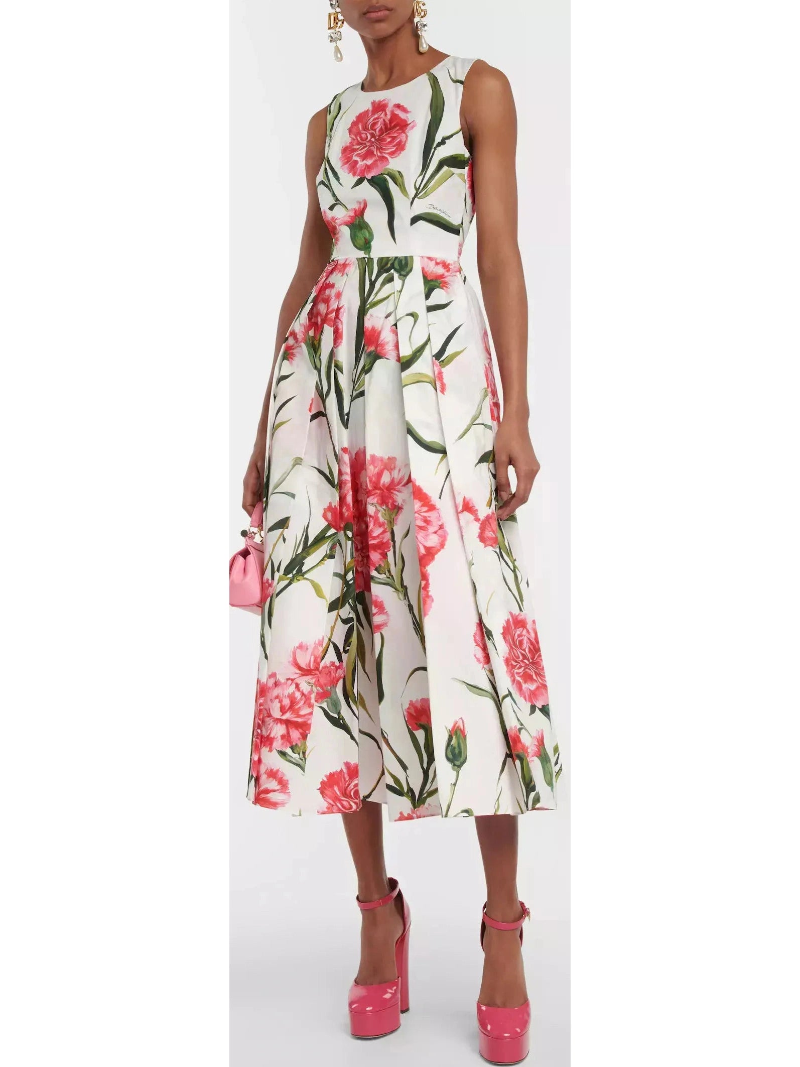 Carnation-Printed Midi Dress Comfortable Draped Midi Dress