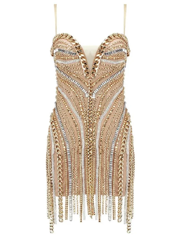 Chain and Crystal-Embellished Mesh Mini Dress Classic Casual Mini Dress