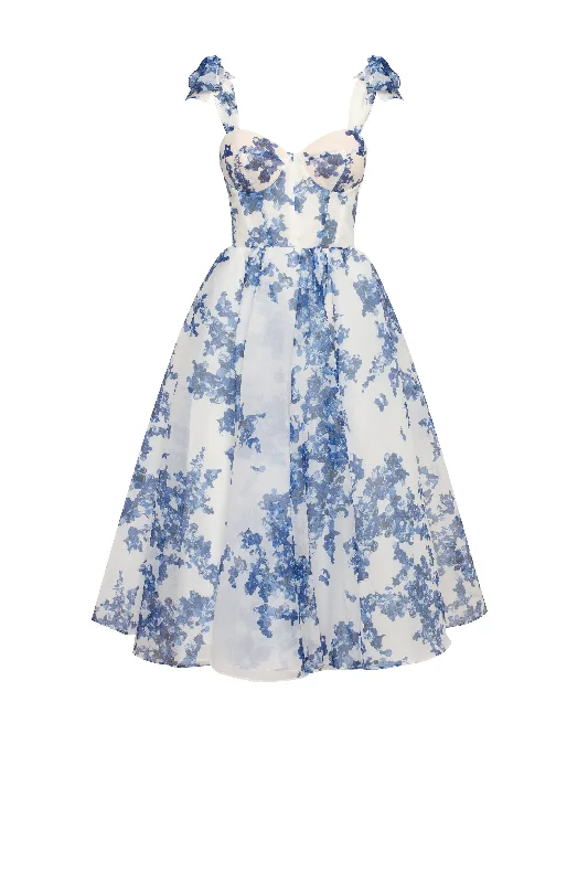 Charming blue hydrangea-patterned organza midi dress, Garden of Eden Comfortable Sleeveless Midi Dress