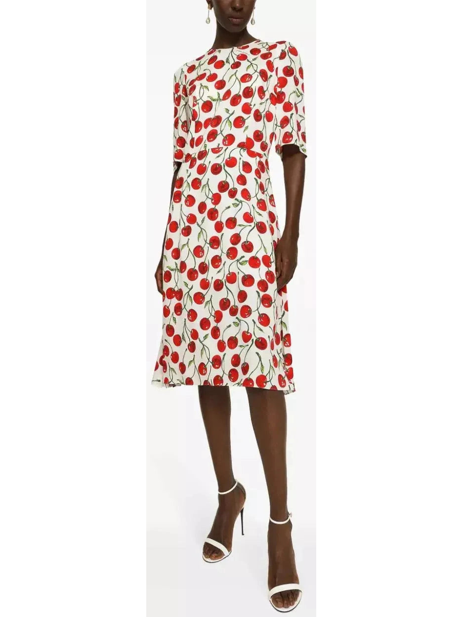 Cherry-Print Midi Dress Elegant Satin Button Midi Dress