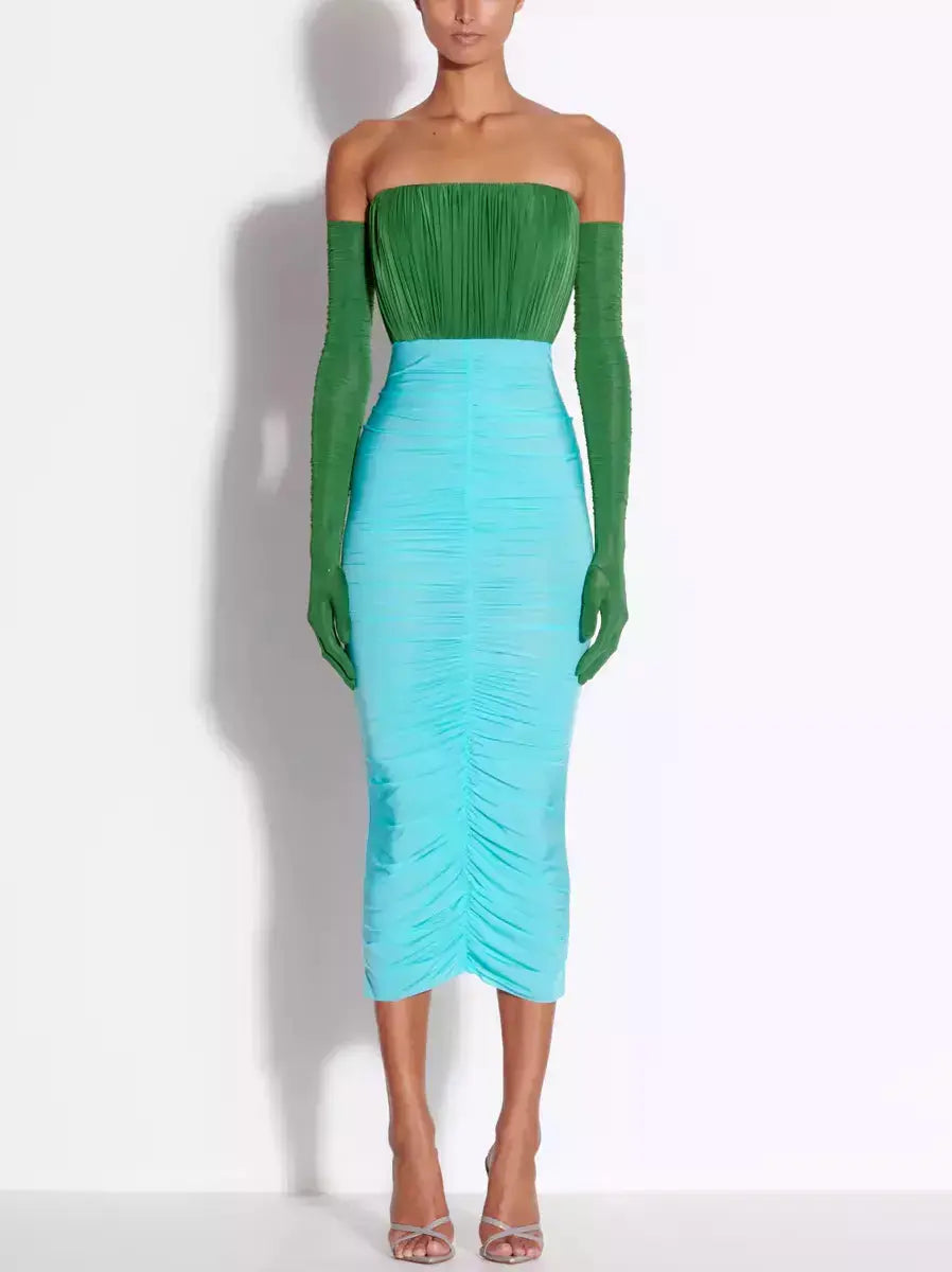 Color-Contrast Strapless Ruched Midi Dress with Long Gloves Trendy Bodycon Midi Dress