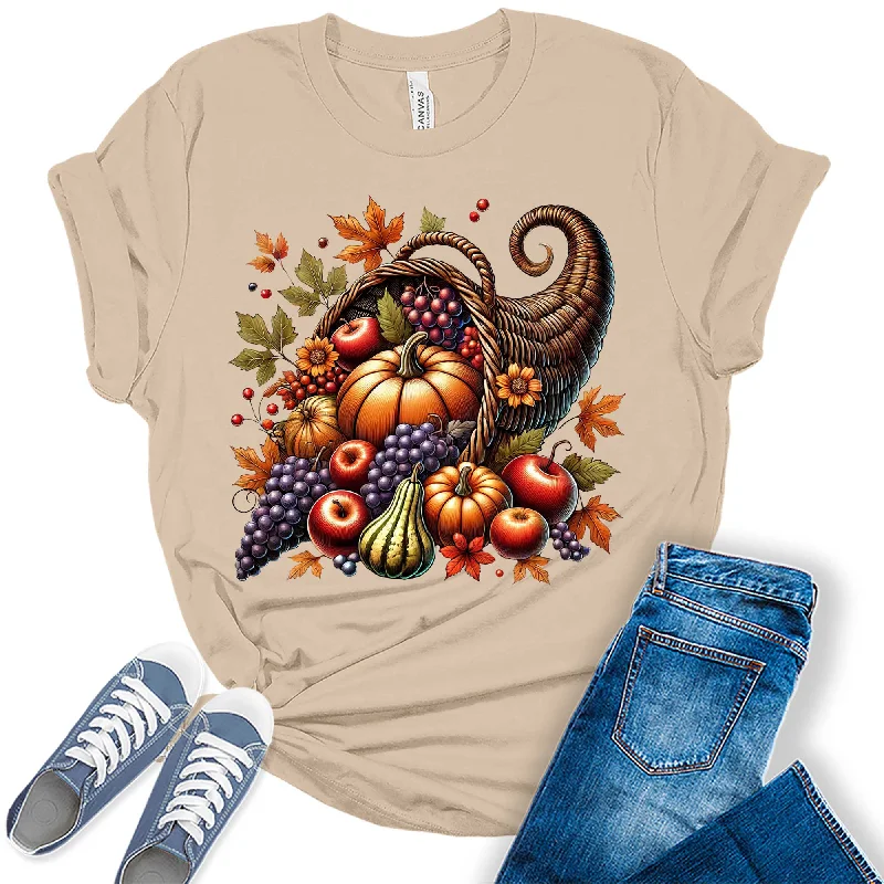 Cornucopia Fall Thanksgiving Graphic Tees For Women Handmade Hand-knitted Hand-woven