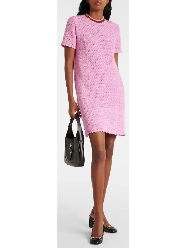 Cotton-Blend Open-Knit Pink Mini Dress Fashionable Mini Dress with Pockets