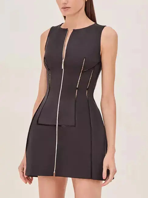 Cut-Out Structured Zip-Front Mini Dress in Black Fashionable Party Mini Dress