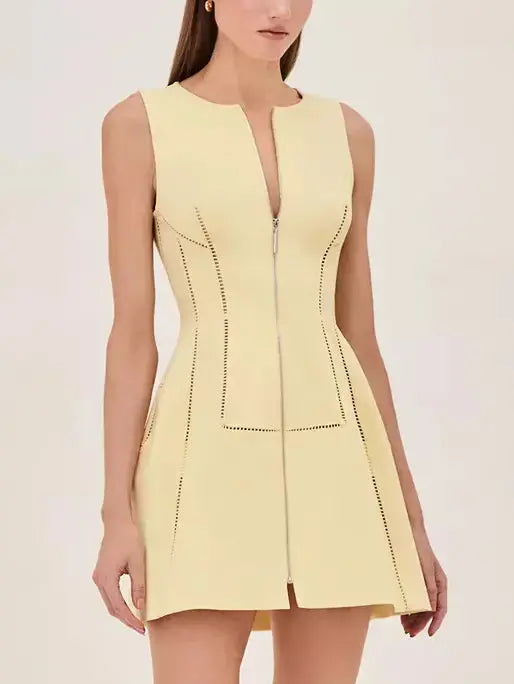 Cut-Out Structured Zip-Front Mini Dress in Yellow Classic Shift Mini Dress