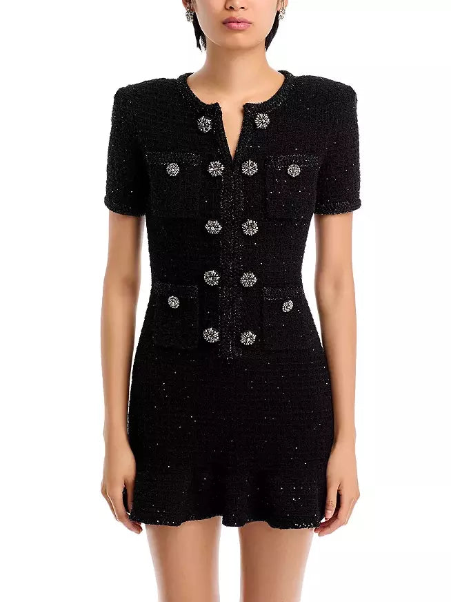 Decorative-Button-Embellished Black Tweed Mini Dress Comfortable Off-Shoulder Mini Dress