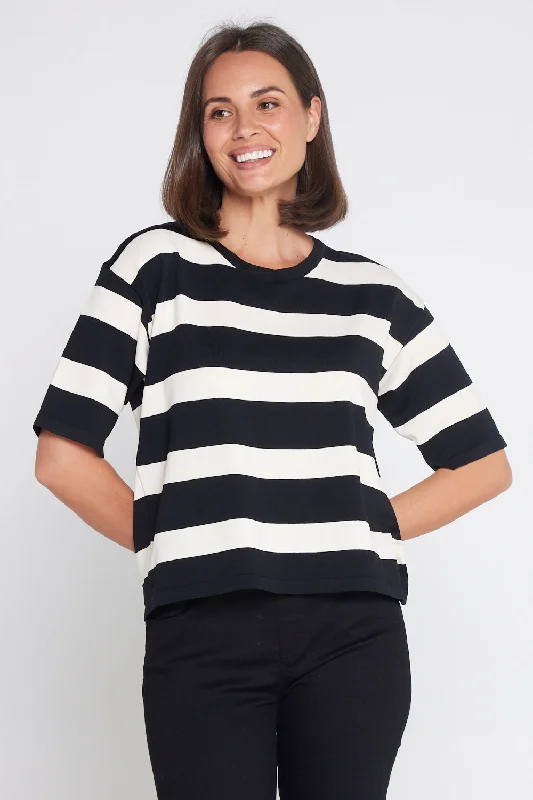 Diaz Knit T-Shirt - Black/Ivory Stripe Graphic Embroidered Appliqued