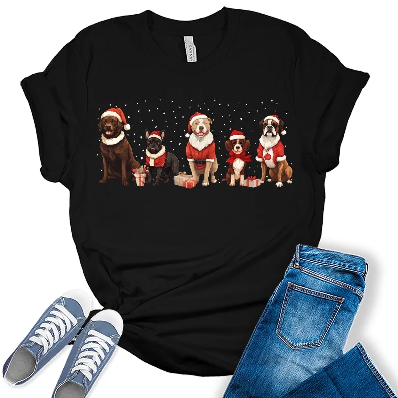 Dogs Wearing Christmas Hats Funny Winter Christmas Womens T-shirt Polka Dot Checkered Tartan