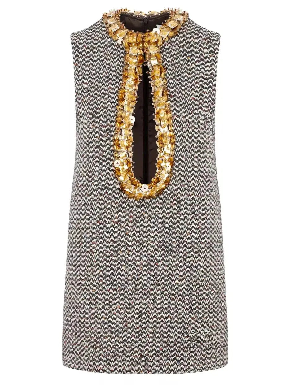 Embellished Boucle-Tweed Sleeveless Mini Dress Chic Tropical Mini Dress