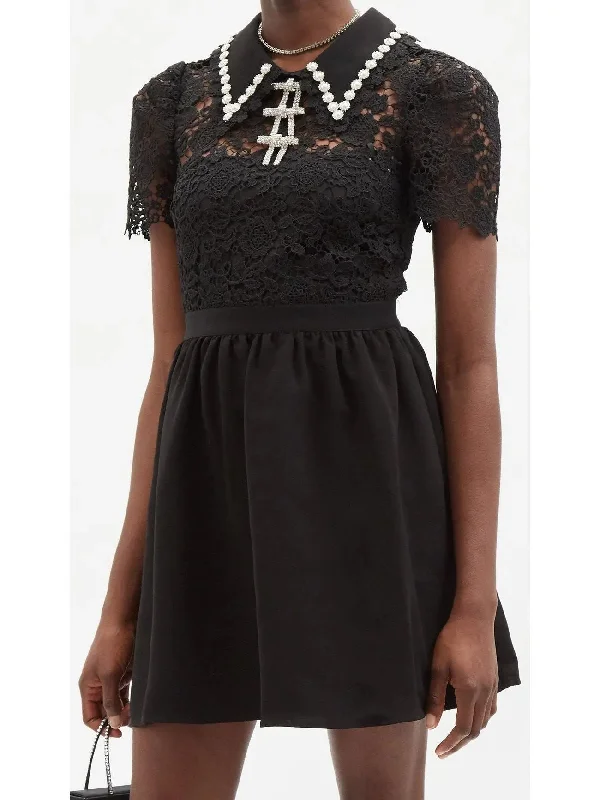 Embellished Guipure Lace Mini Dress Cozy Cowl Neck Mini Dress