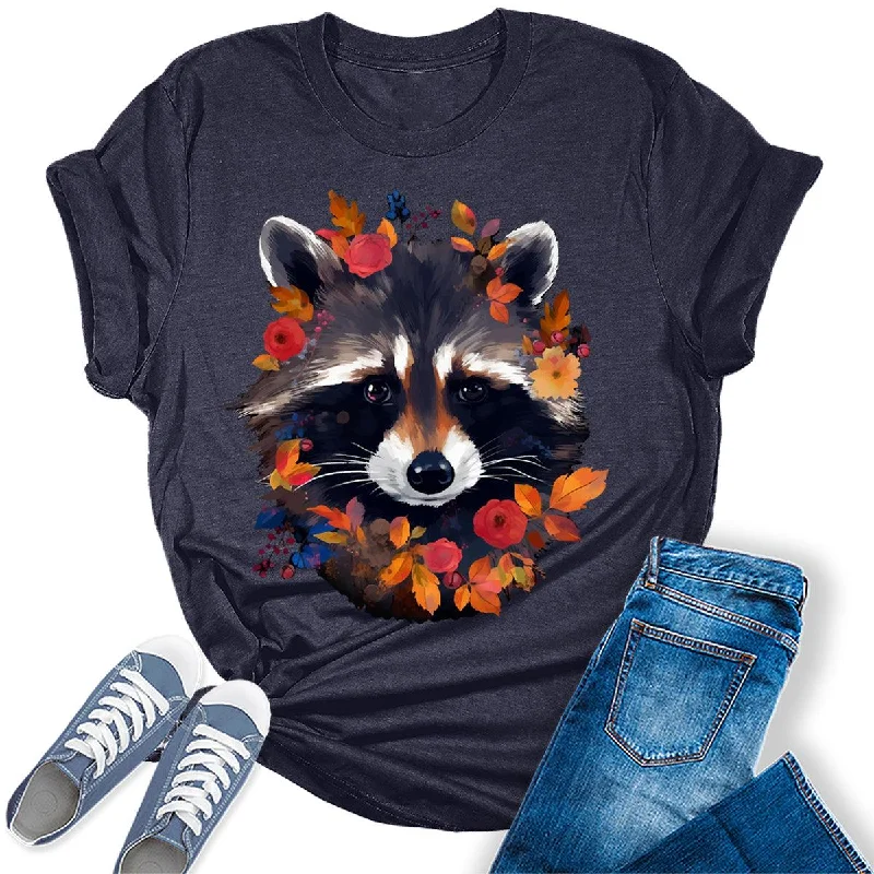 Fall Raccoon Face Flowers Graphic Tees For Women Hooded Caped Shawl Collar