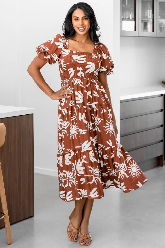 Farrah Midi Dress Bora Print Dark Tan Chic Floral Print Midi Dress