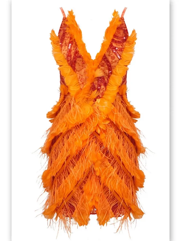 Feather-Trim Sequin-Embellished Mini Dress in Orange Cozy Ruched Mini Dress