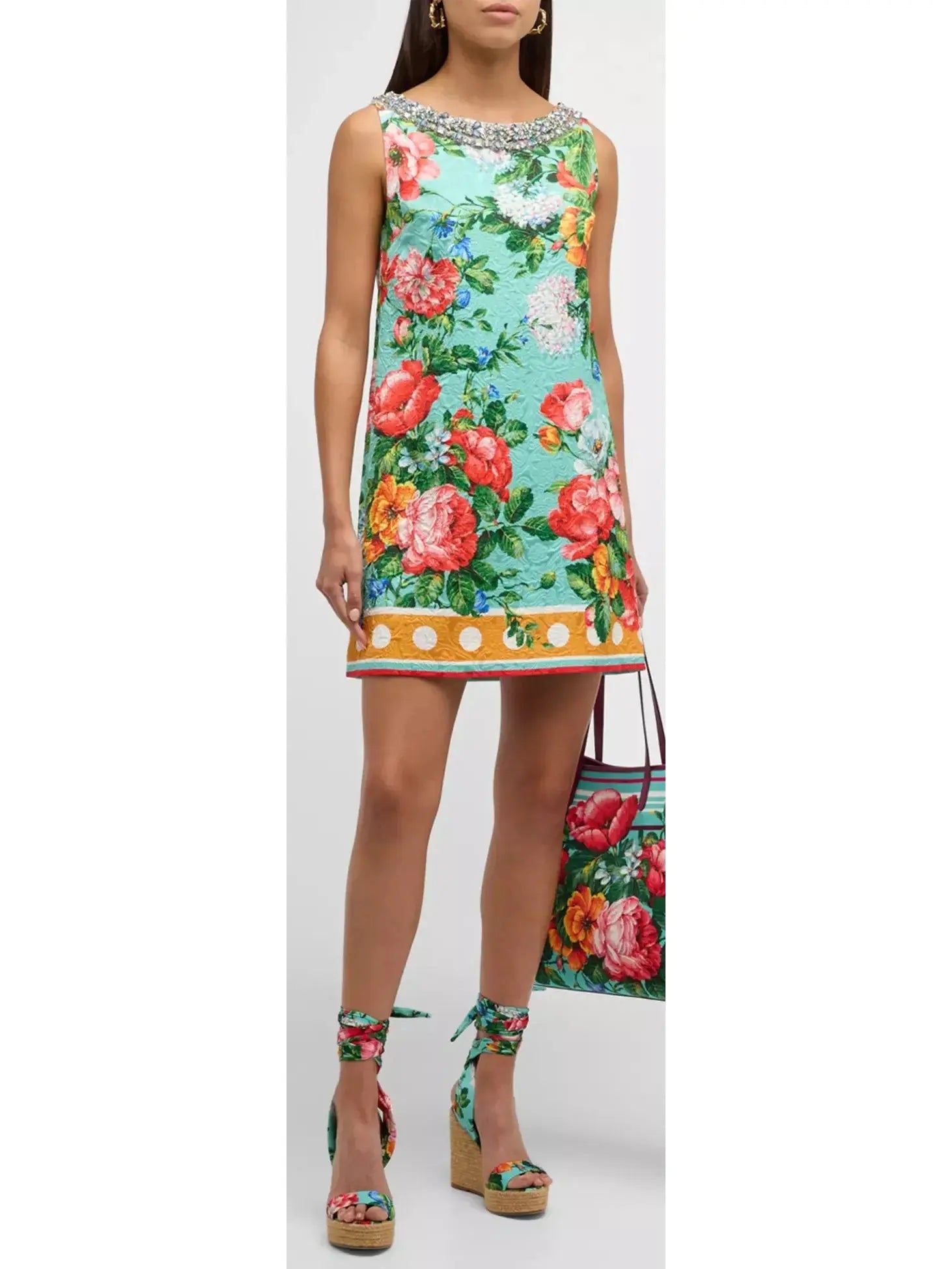 Floral Border-Print Crystal Sleeveless Jacquard Mini Dress Elegant Sequin Mini Dress