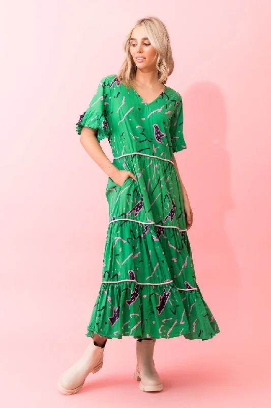 Fox Midi Dress Green Fashionable Plaid Midi Dress