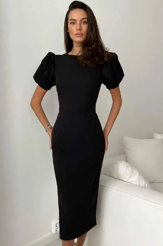 French Crew Neck Puff Sleeve Cocktail Party Midi Dress - Black Fashionable Wide Leg Midi Dress