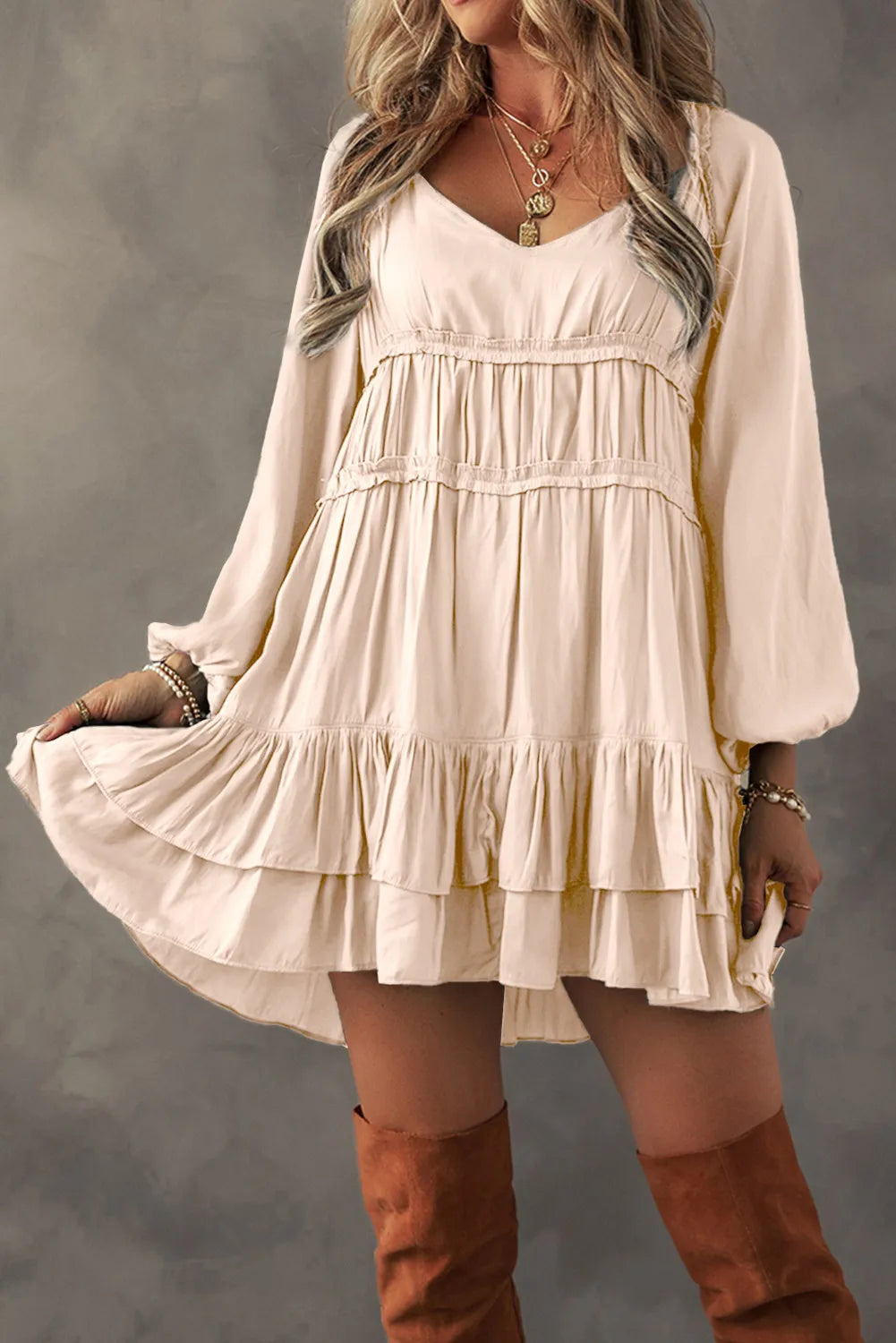 Frill Ruffled V-Neck Long Sleeve Mini Dress Cozy Ribbed Mini Dress