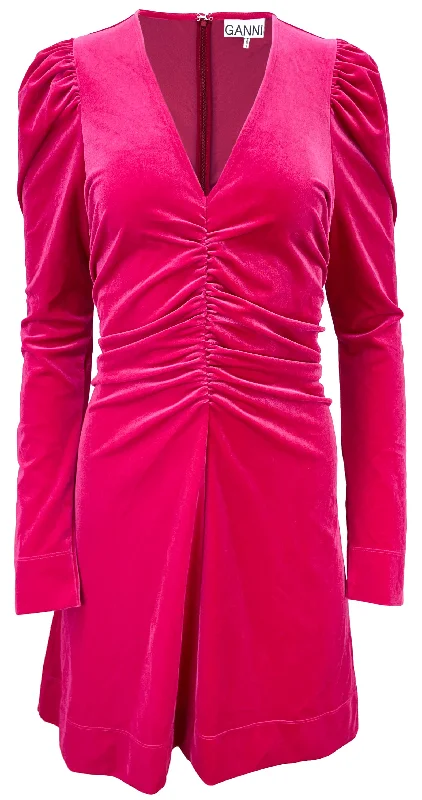 Ganni Velvet Mini Dress in Deep Pink Casual Button-Up Mini Dress